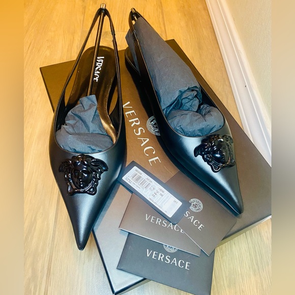 NEW! VERSACE Black Calf Leather La Medusa Slingback Pointed Toe Flats - Picture 5 of 17